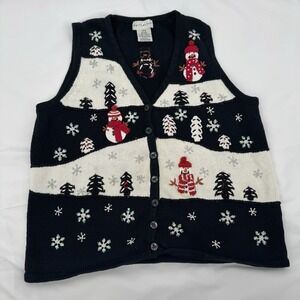 Vintage Christmas Sweater Vest L Snowman Holiday Festive Snowflake Embroidered